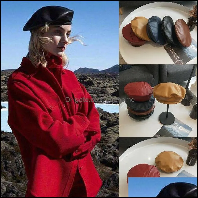 Women Grils Beret Cap PU Leather Casual Soild Classic Army Cadet Beret Hat Ladies Autumn Winter Retro Beanie Caps Hot1