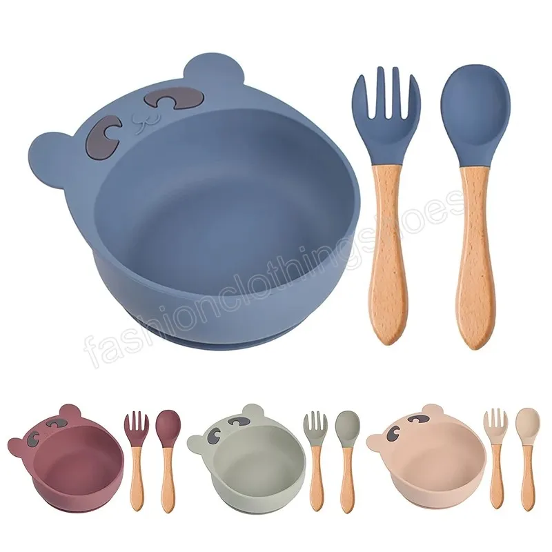 Ciotola in silicone per bambini Set cucchiaio e forchetta Baby Cartoon Orso Ventose Anti-goccia Ciotola per alimenti complementari Piatti per bambini
