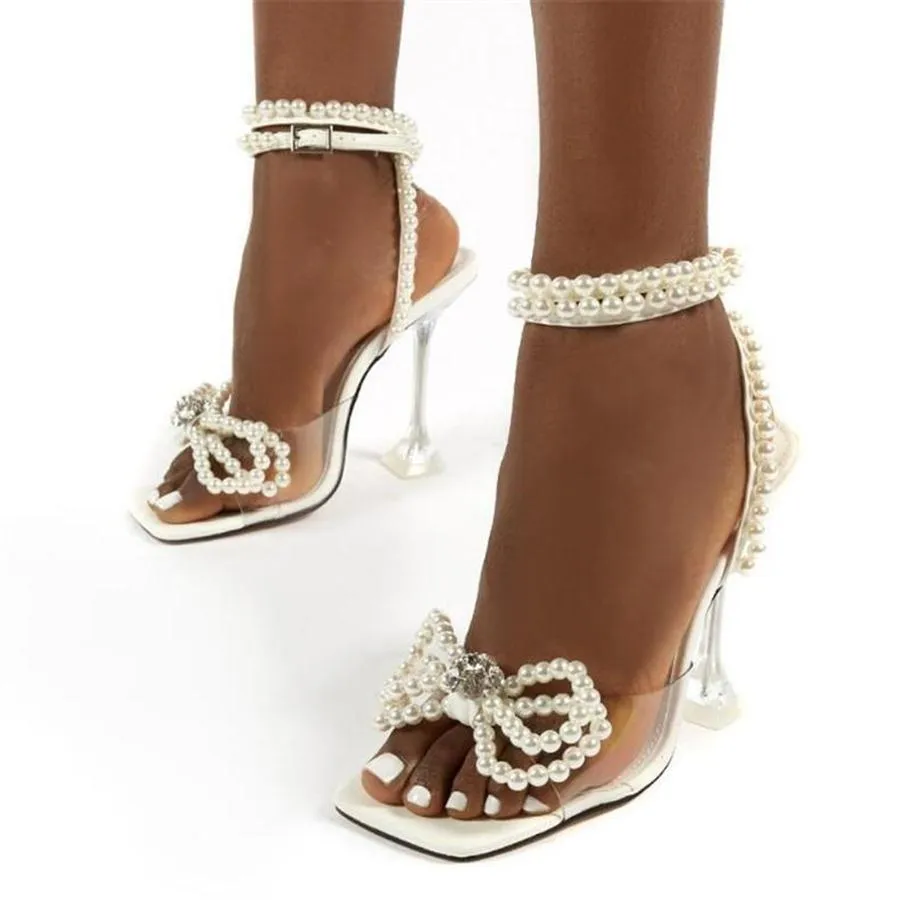 Sandals Bride Shoes Bowtie Pvc Perspex Elegant Wedding Fashion Pearls Summer Square Toe Transparent Crystal