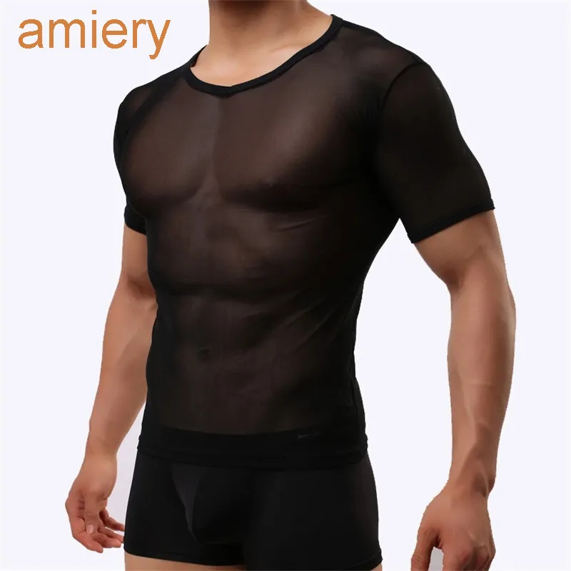 Mens T-skjorta tätt sexiga mesh transparent kortärmad t-shirt män andas sport korta ärm toppar för man