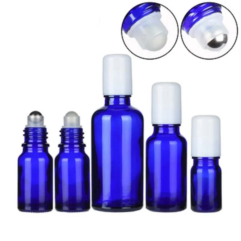 Lege verpakking groene blauwe fles witte schroefdeksel etherische olie stalen roller flesjes Draagbare navulbare cosmetische verpakking container 5ml 10ml 15ml 20ml 30ml 50ml 100ml