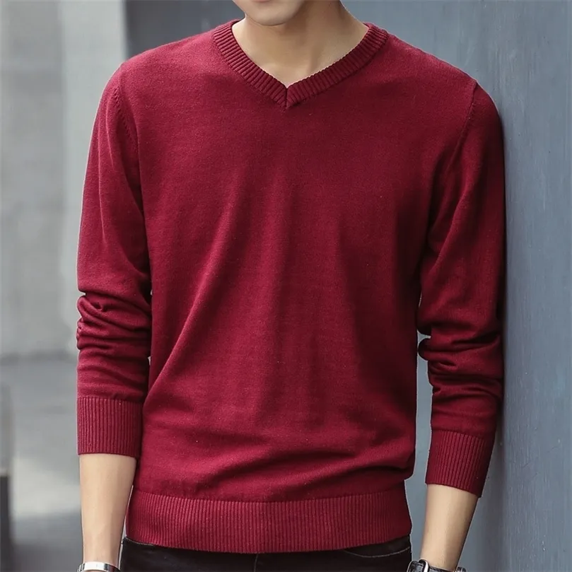 Sweater Men Men Autumn Pullovers Men v-neck Cotton Cotton Solid Contbly Clothing Slim Fit Sendents Pull Homme 201126