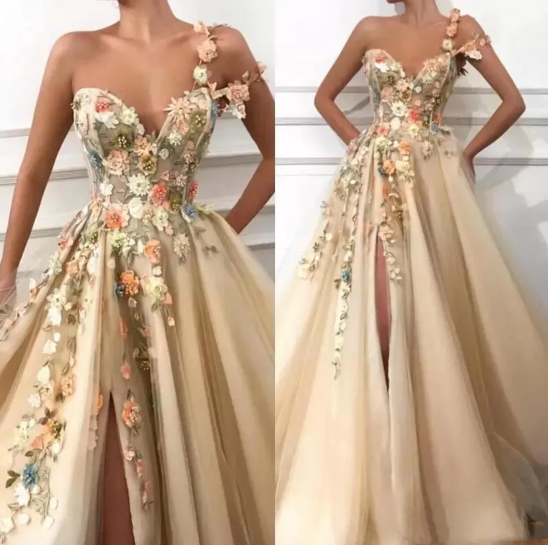 Een schouder elegante tule een lijn lange prom d bloemen kanten applique kralen split vloer lengte formele feestavondjurken pplique pplique