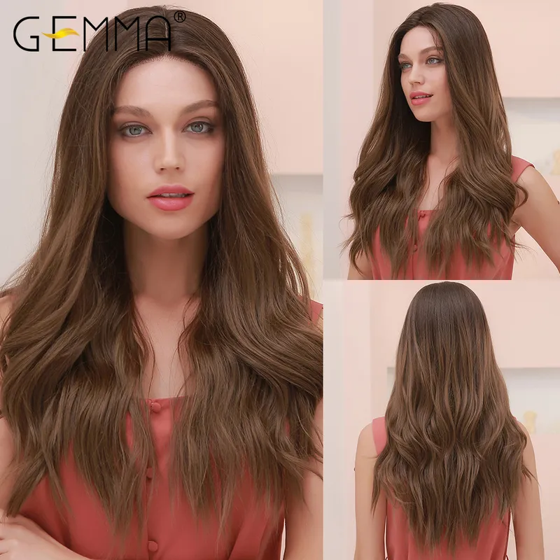Gemma Long Wavy Lace Synthetic Ombre Honey Brown Part Wigs Natural Middle Hair for Women Cosplay Heat Resist 220329