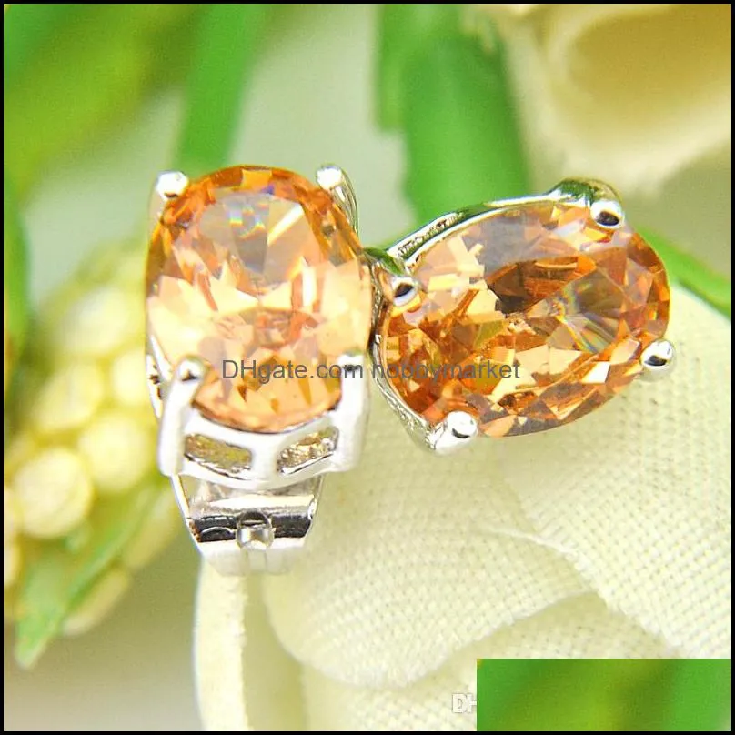 Luckyshine Gem Stone 4-Prong Oval Champagn Morganite Gemstone 925 Silver Plated For Women Men Stud Earrings Free Shipping