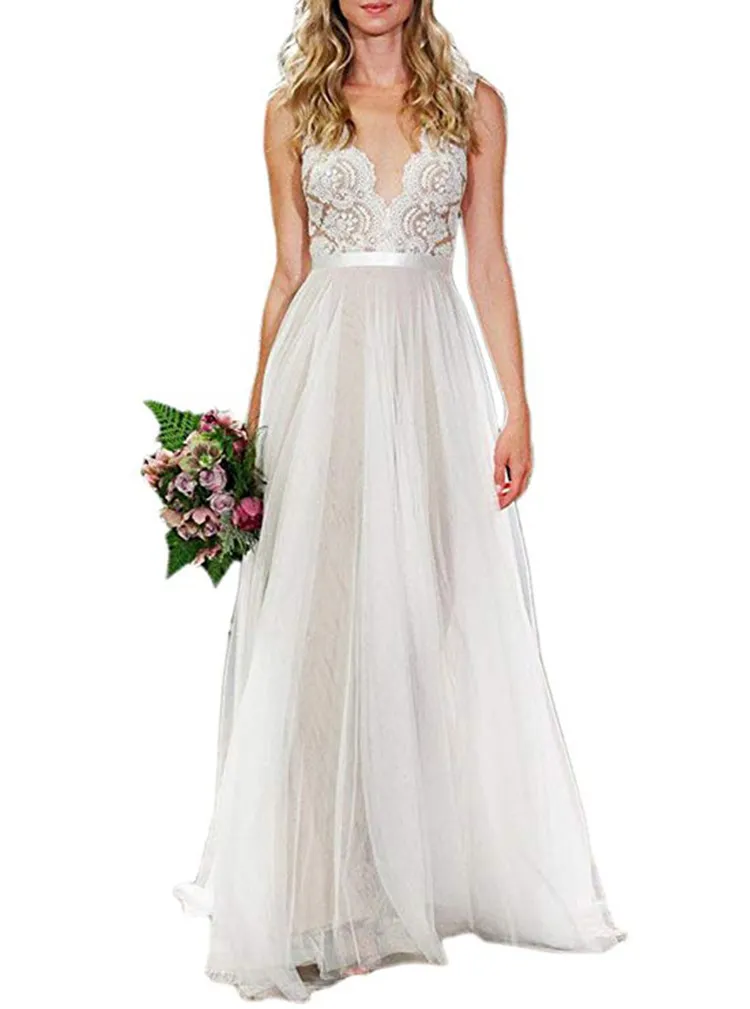 2022 Nowa suknia ślubna Seksowna welonowa plaża biała gaza duża sukienka bez pleców z płaskim stylem sukienki Vestido de novia