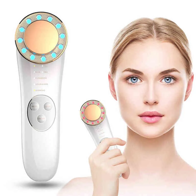 7 in 1 Facial Red & Blue Led Light Device Ion Massager Anti-Aging Skin Tightening Cleaner Skincare Massage Machine220429