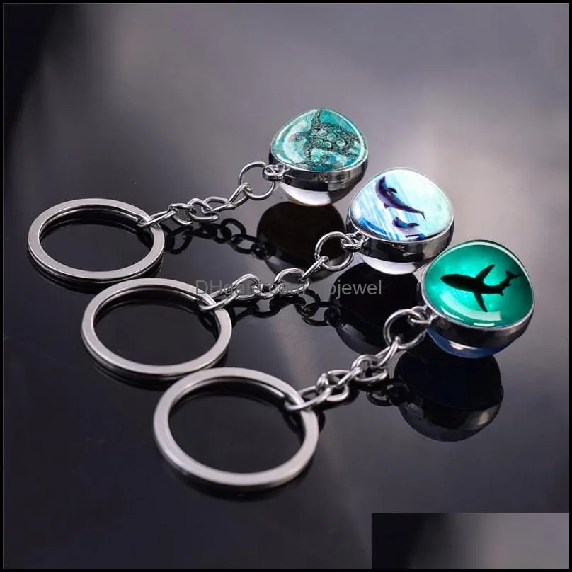 Custom Key Rings Sea Animals Keychain Turtle Starfish Shark Jellyfish  Pattern Double Side Glass Ball Pendant Keyring