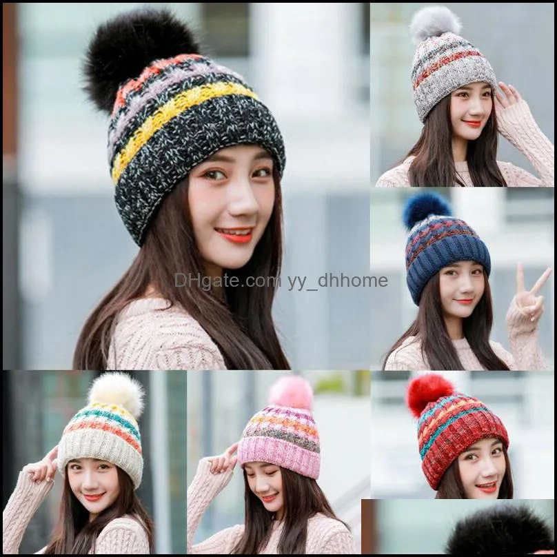 Women Fur Pom Ball Knit Baggy Bobble Hat Beanie Ski Cap Autumn Winter Female Warm Strip Beanies1