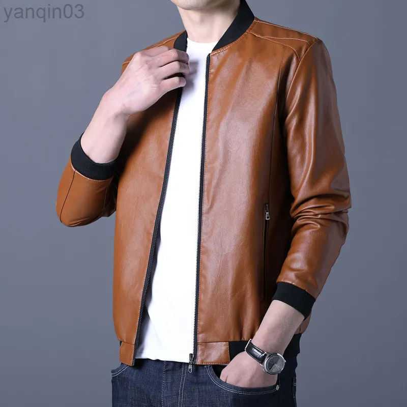 Giacca in pelle tinta unita con colletto alla coreana autunno Giacca in pelle da uomo moda giacca in pelle per uomo L220801