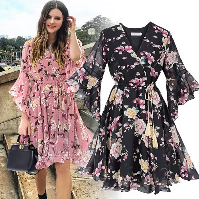 Abito da sera in chiffon con vita alta elastica Bow A line Donna Manica a farfalla Stampa floreale Boho Donna Vestido Plus Size 220521