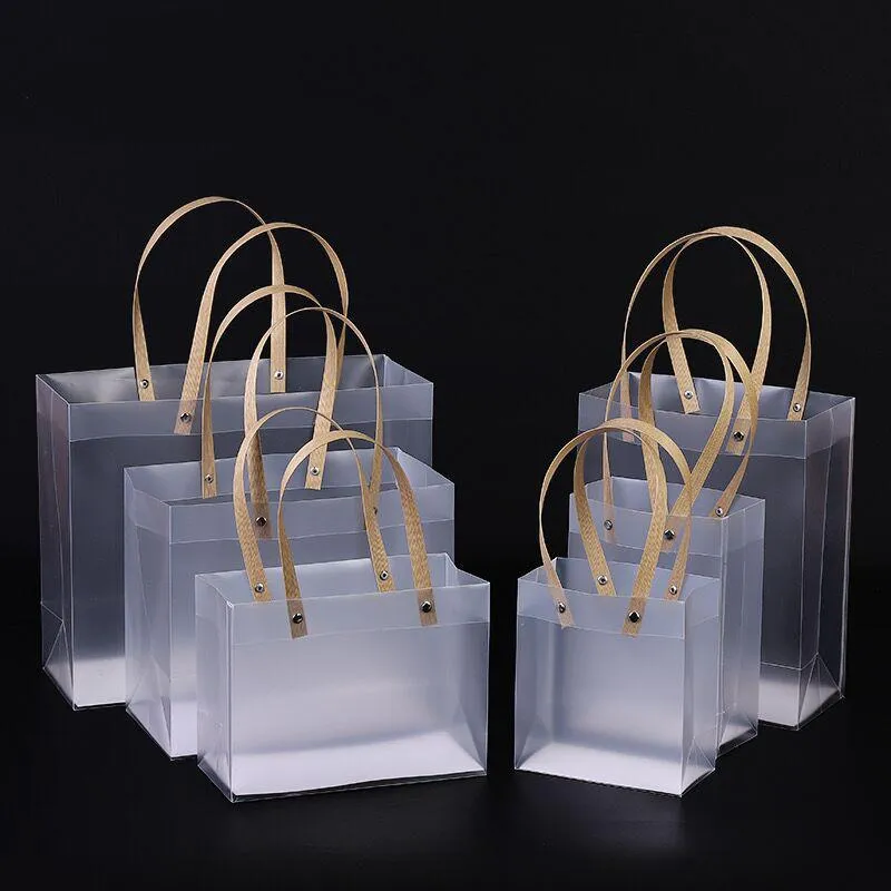 Emballage cadeau de haute qualité givré PP sacs en plastique avec poignées fourre-tout translucide emballage fleur paquet décoration fournitures cadeau