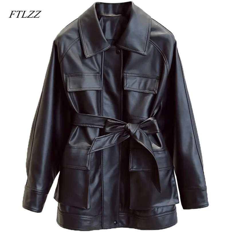 Ftlzz Slim Pu Coats Women Faux Leather Justiets عتيقة جاكيتات راكب الدراجة النارية ذات الحزام الأنيق أزرار جيوب الخصر معاطف 220815