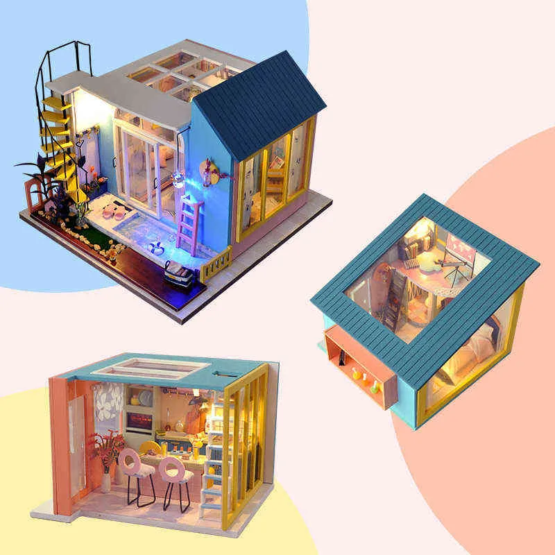 Diy Miniatur Puppenhaus Kit Schlafzimmer Wohnzimmer Küche 3in1 Villa Kleines Haus Kinder Spielzeug Holz Puppenhaus Möbel Für