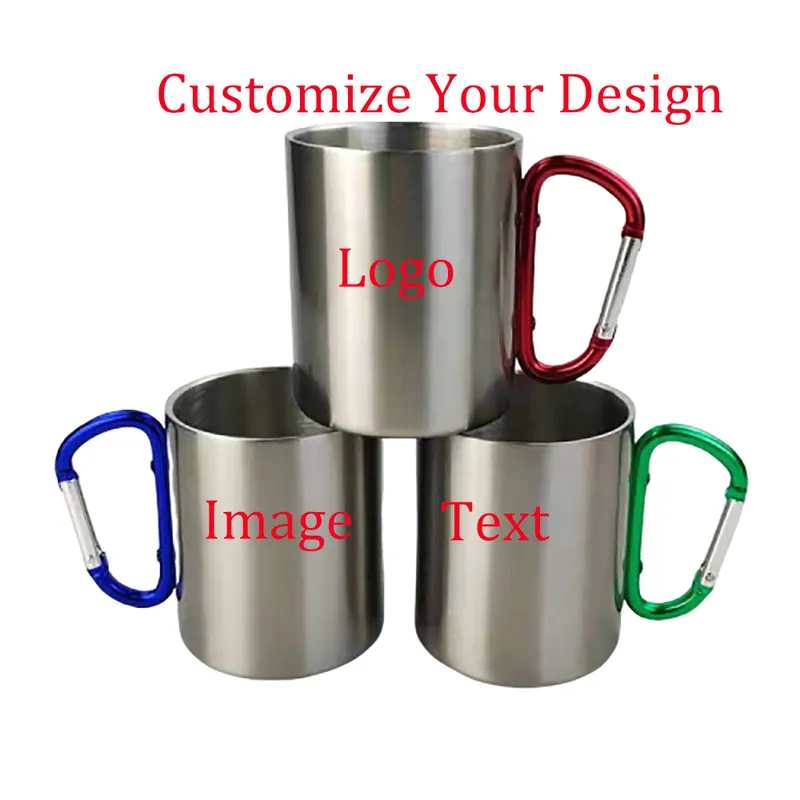 Anpassa Tea Cup DIY Rostfritt stål Mugg 300 ml Button CARABINER -tryck av din bild Personlig kök Drink 220608