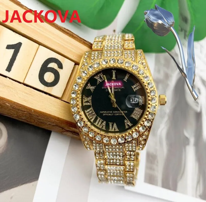 Luxo Roman Roman Bling Hip Hop Full Iced Out Watch Quartz Rhinestone Diamonds Watches Men Women Silver Gold Gold Red Wristwatch Reloj