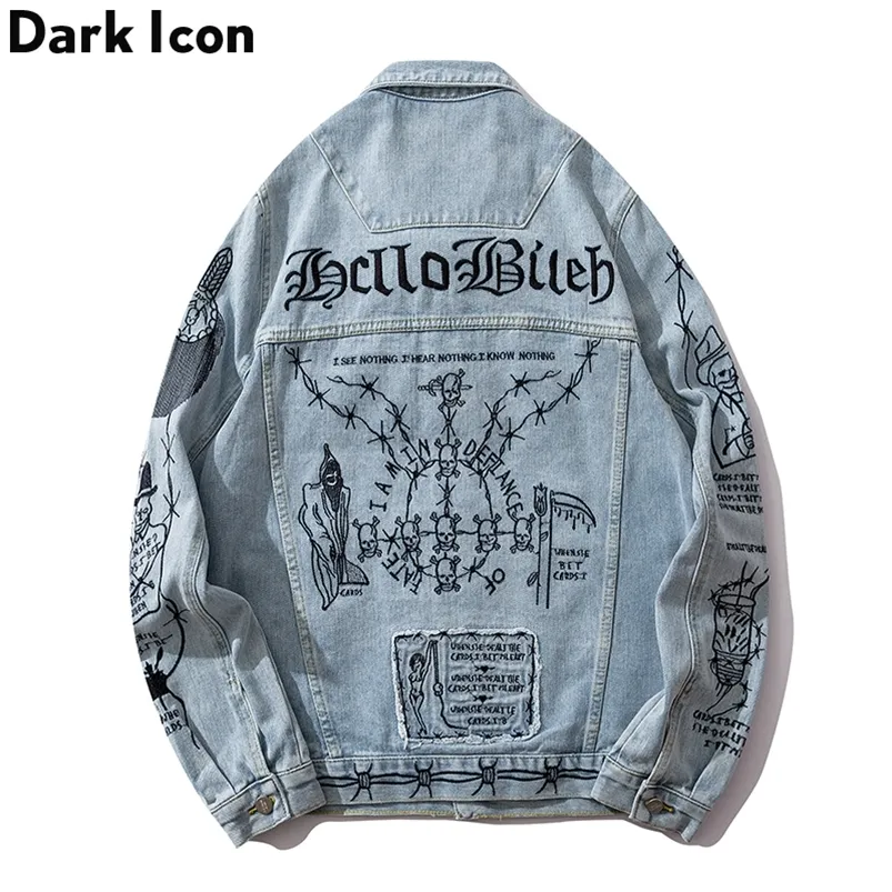 어두운 아이콘 자수 진단 재킷은 옷을 거절합니다. 칼라 남자 스트리트 힙합 재킷 캐주얼 데님 재킷 LJ201013