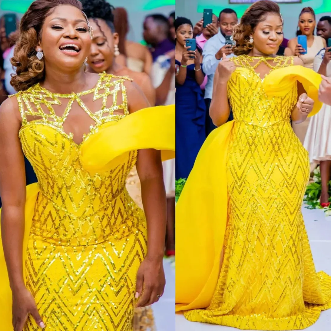 Yellow Mermaid Plus Size Yellow Prom Dresses 2023 With Sheer Neckline