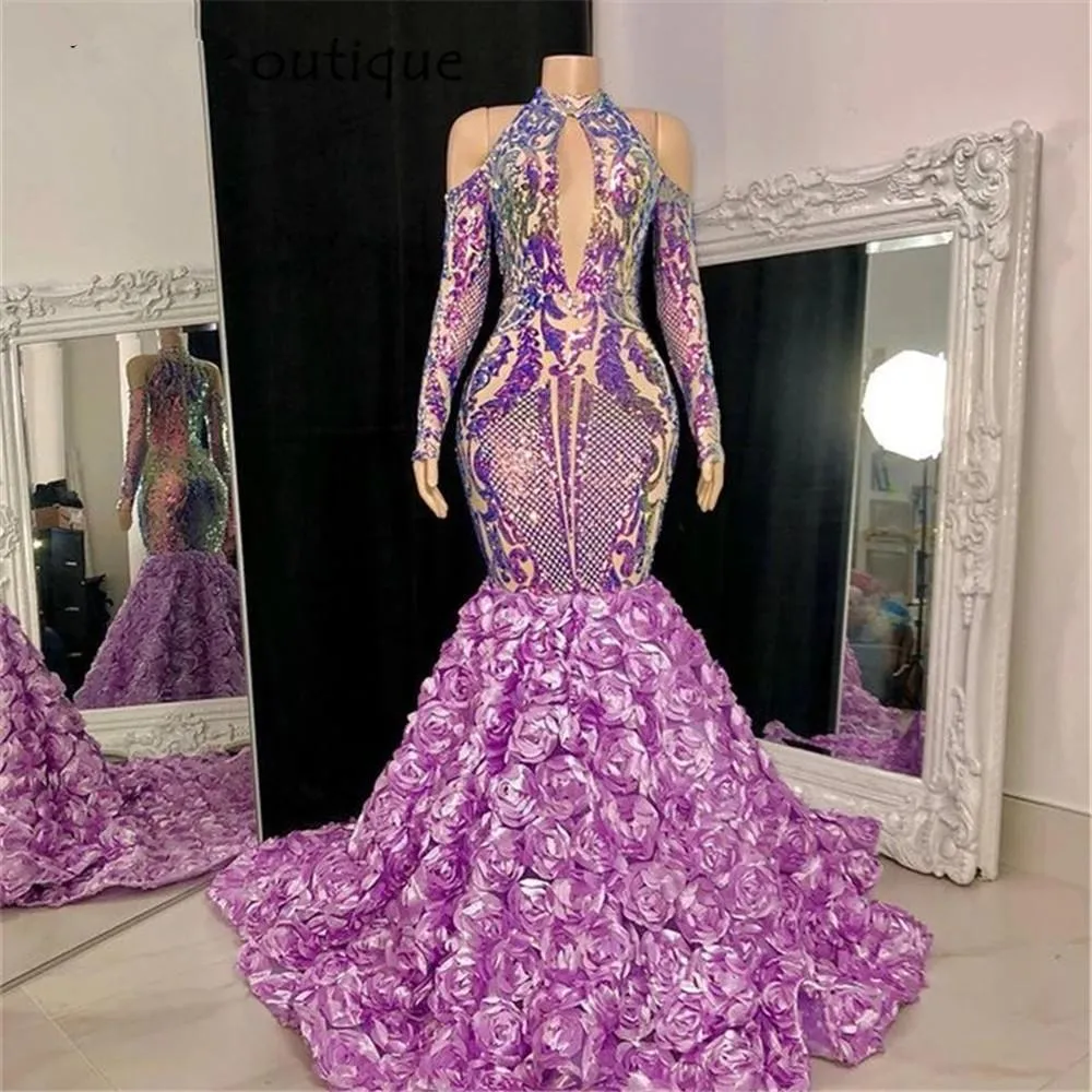 Sparkly Purple Sequins Prom Dresses High Neck Sweep Train Mermaid Long Sleeve Sequined Sexy African Black Girls Gala evening gowns