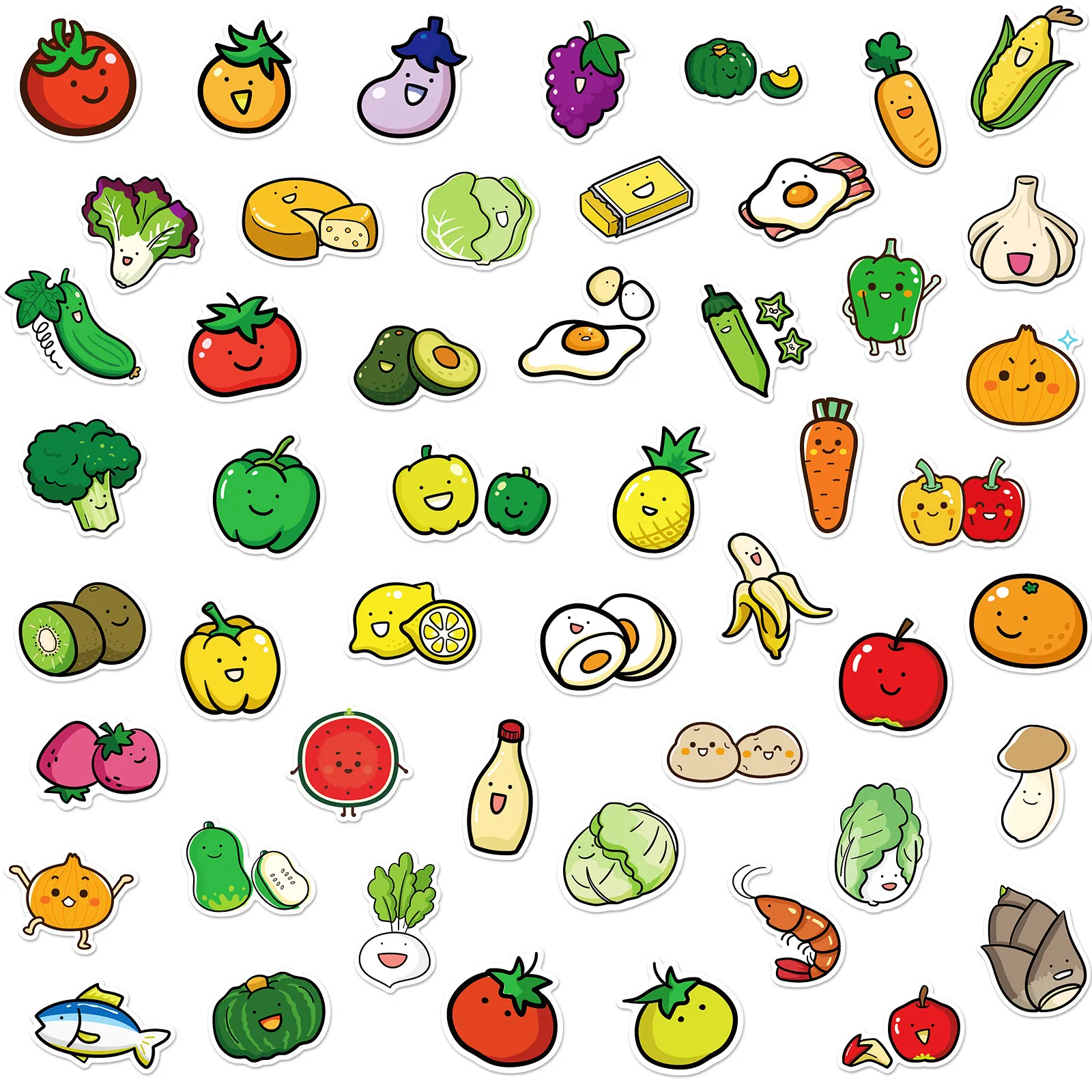 50 piezas de vegetales de dibujos animados no aleatorios para coches para bicicletas para equipos de equipaje portátil portátiles botella de agua botella de snowboard calcomanías de pared para niños regalos