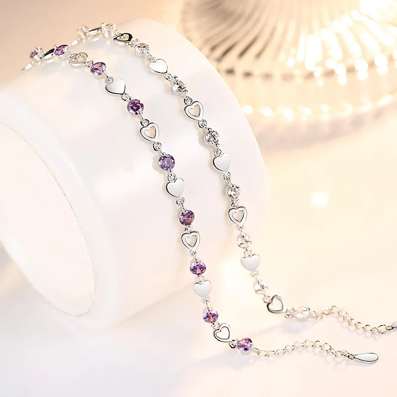 Love Sweet Heart Charm Armband S925 Sterling Silver White Purple Crystal Shining Link Chain Designer Armband Smycken Beauty for Girls