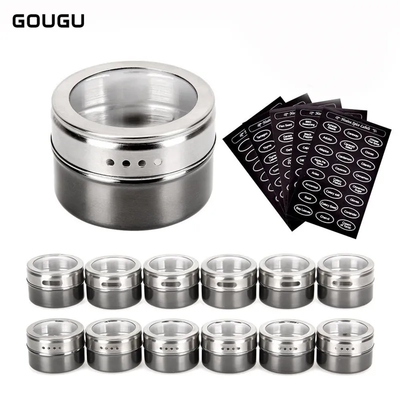 GOUGU Magnetic Spice Jar With Stickers Stainless Steel Spice Tins Pepper Seasoning Sprays Tools 220801