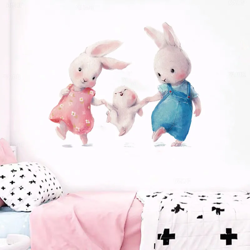 Mignon lapin familial autocollants muraux pour enfants chambre filles bébé chambre décoration mère père enfants papier peint peint décor kawaii