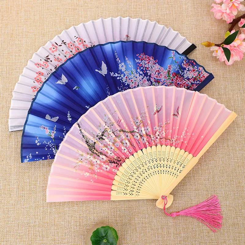 mix color Chinese Style Silk Hand Fans Weddings Printed Flower Butterfly Wooden Handle wedding dancing props with tassels