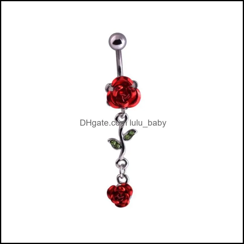 14g double rose belly button ring surgical steel navel piercing body jewelry dangle flower barbell