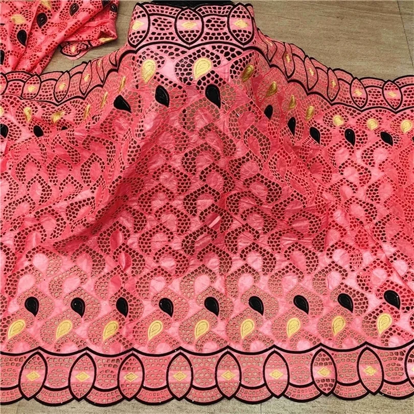 African riche brode Latest fashion embroidery bazin fabric with net lace 5 yards HL062702 T200817