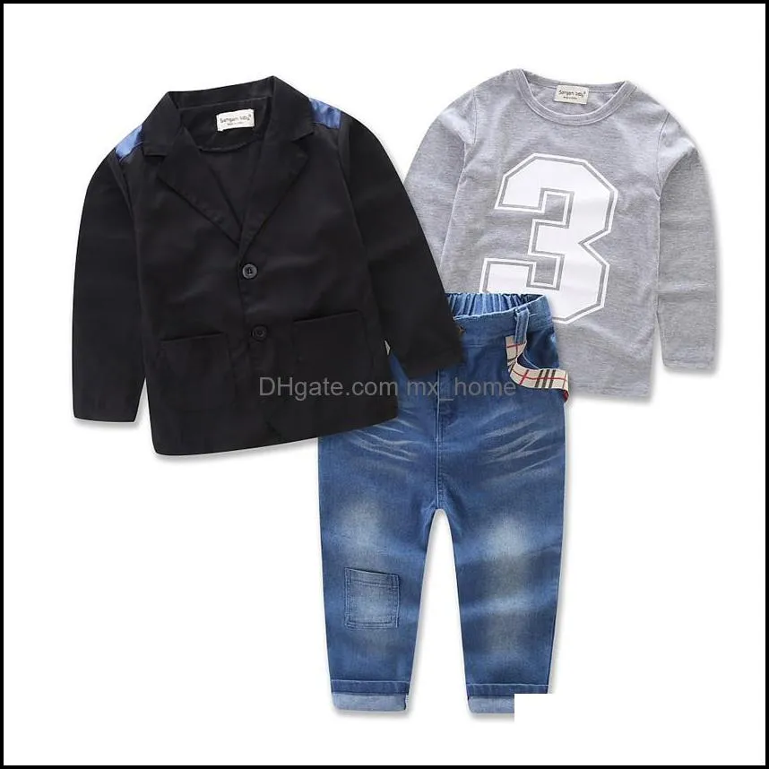 Kledingsets Spring herfst Europa Boys 3pcs Pak Baby Kids Cotton T-shirt en jeans outswear jas kinderen o mxhome dhsmc