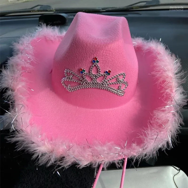 Brede rand hoeden roze tiara westerse stijl cowgirl voor vrouwen meisje gerolde fedora caps veer rand strand cowboy hoed pailletten feest cap davi22