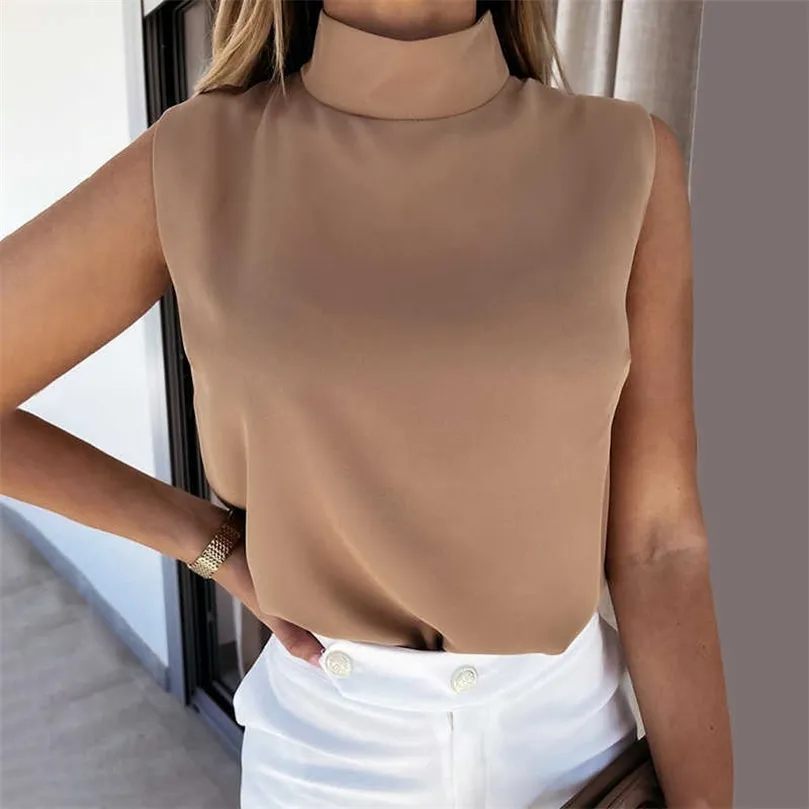 Kvinnor Fashion Casual Mock Neck TshirtsSleeveless Tee Tops Summer Tee-Shirt Solid Casual T-Shirt 210716