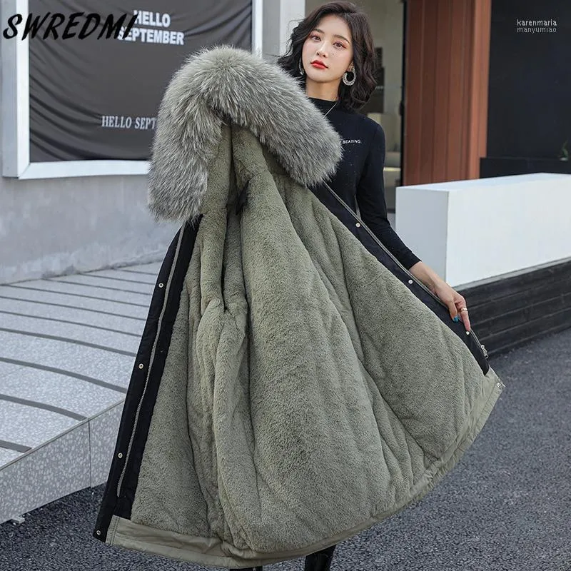 Женские вниз Parkas Swredmi Snow Wear Ware Women Women Slim Fashion Fur Long Jackets 2022 Одежда с гусеницей верхняя улица High Street Coats Kare22