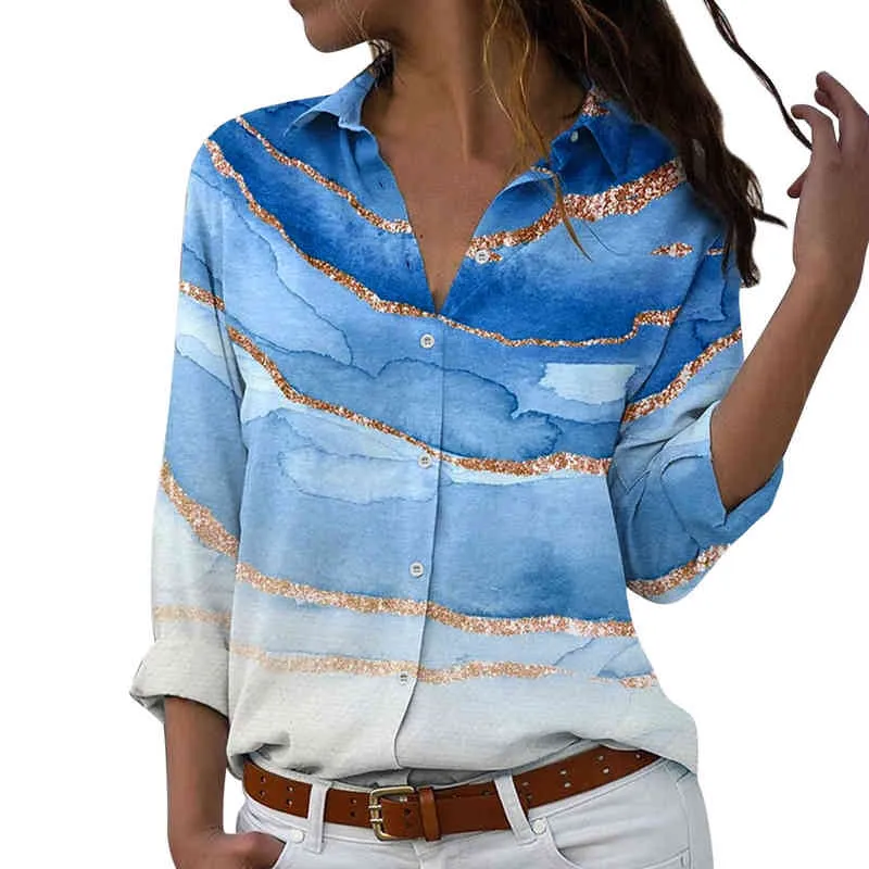 여성 캐주얼 블라우스 버튼 다운 셔츠 화려한 긴 소매 셔츠 프린트 탑 느슨한 칼라 스플 라이스 캐주얼 셔츠 여성 패션 L220705