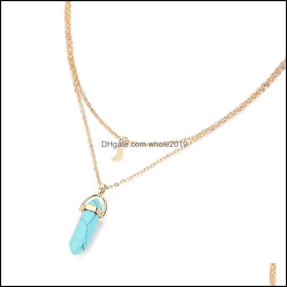 fashion gold palted multilayer lucky energy crystal hexagonal prism bullet natural stone moon quartz druzy necklace for women jewelry