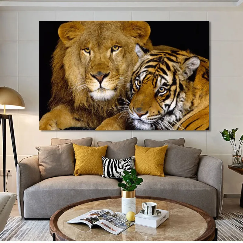 Modern Canvas Animal Prints Lion And Tiger Wall Art For Living Room