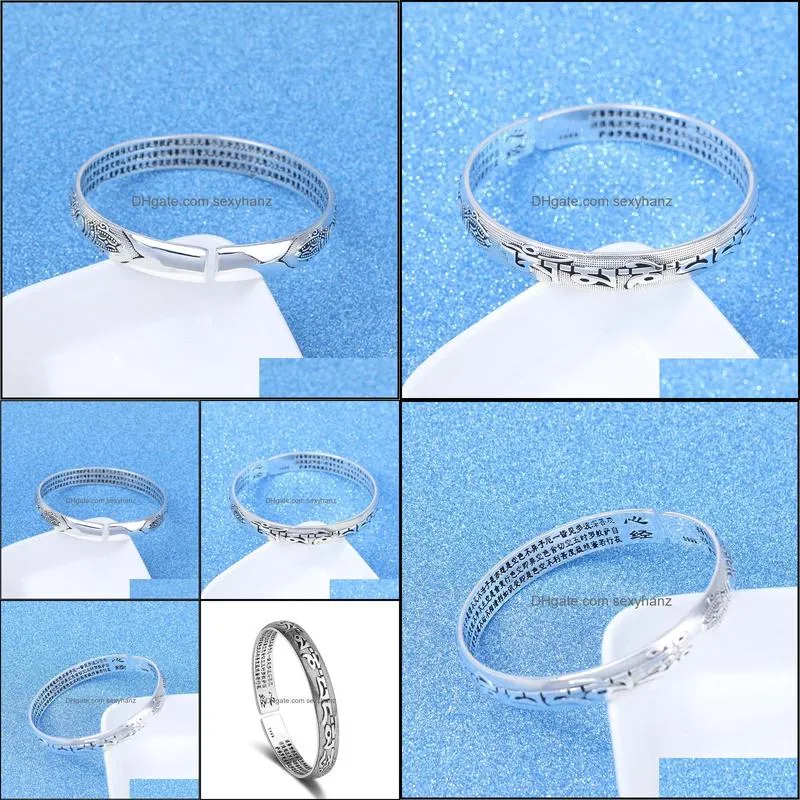 Thai Silver Bangles Buddhist Scripture Chinese Handwriting Bracelet Adjustable Fashion Women`s Jewelry Wholesale