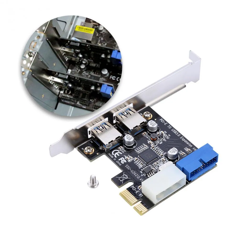 Adaptateur de carte d'extension USB 3.0 PCI-E, 2 ports externes, Hub USB3.0, en-tête 19 broches, connecteur d'alimentation IDE 4 broches