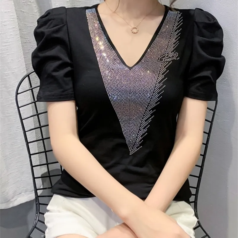 MadBlack Summer Korean Style TShirt Solid Fashion VNeck Shiny Diamond Tops Casual Cotton Puff Sleeve Tees T08118L 220613