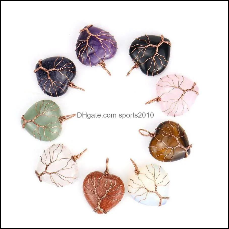 Arts And Crafts Healing Crystal Natural Stone Heart Charms Necklaces Copper Twine Tree Of Life Wire Wrap Pendant Turquoise Sports2010 Dh7Zo