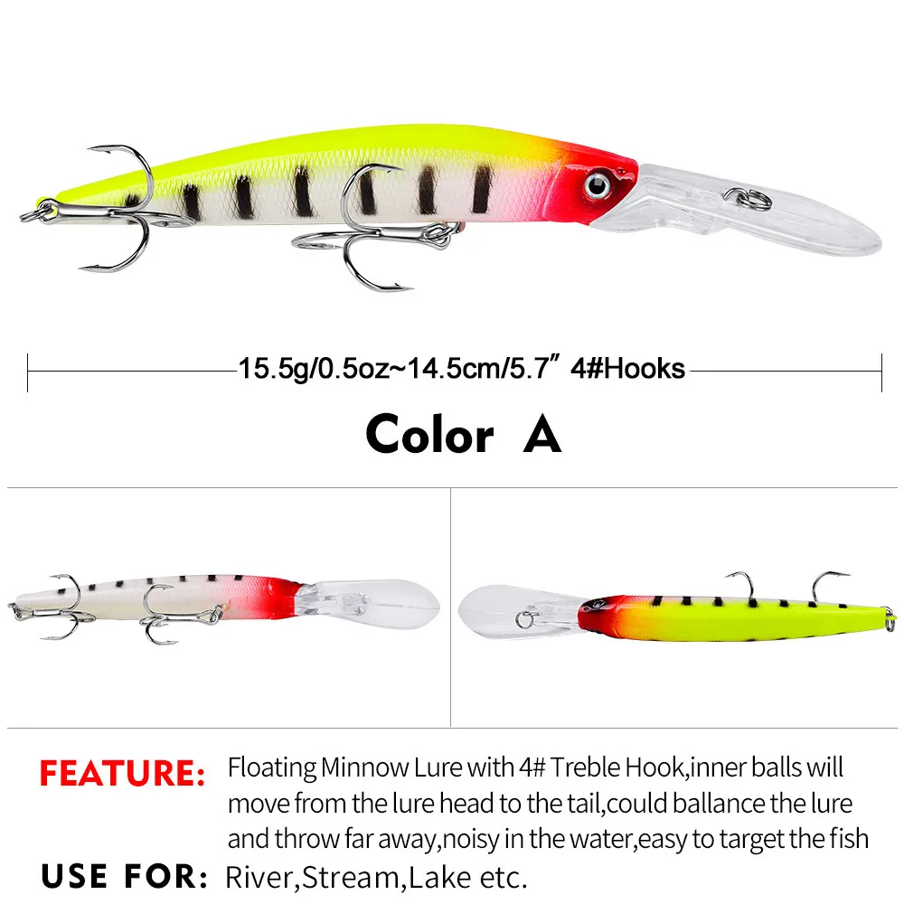New K1633 15.5cm 14.5g Fishing Lure Kit Minnow Lures Crank Bait Fishing  Tackle Topwater Baits for Bass Trout Saltwater/Freshwater 6pcs/Kit