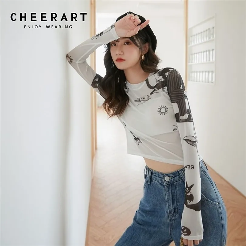 CHEERART White Mesh Top Long Sleeve Basic Tshirt Women Transparent Tight Top Vintage Printed Summer T Shirt Fashion 210322