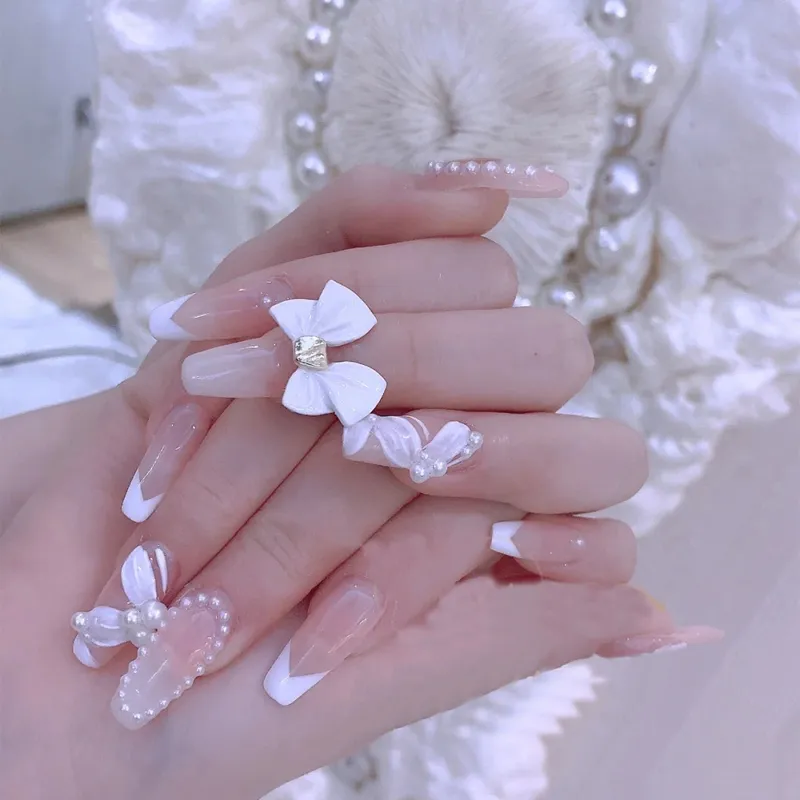 10 sztuk Projekt Fake Nails French Style Pure Handmade Manicure Press na fałszywe paznokcie Konfigurowalne paznokcie Porady WIHT Klej dla dziewczyn