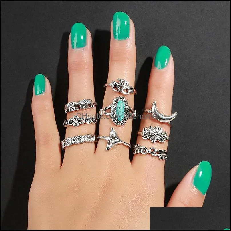 9pieces/set joint ring for women wide index finger bohemian rings retro totem carved geometric rings with elephant lotus