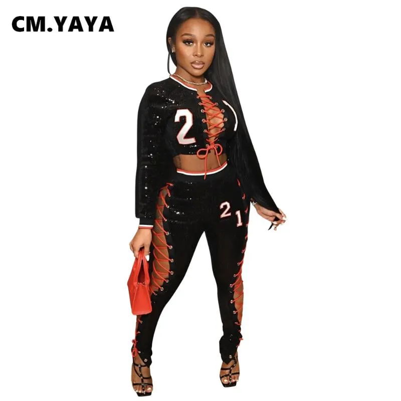 Dwuczęściowe spodnie damskie CM. Yaya Set Bandage Hollow Out Sequins Full Sleeve O-Neck Tops Strechy 2 Tracksuit Summerwomen's