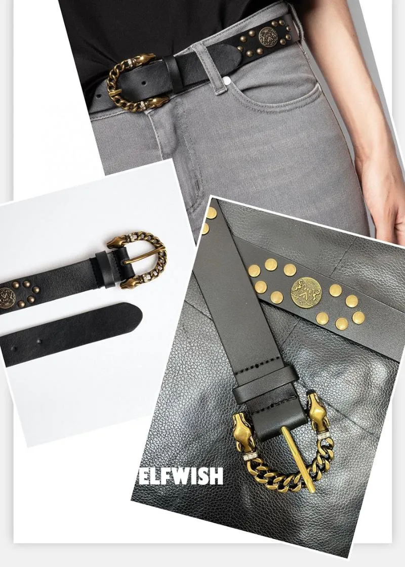 Belts Woman Black Cow Leather Belt Vintage Gold Metal Studs Buckle Fashion Rivets On Sale High QualityBelts