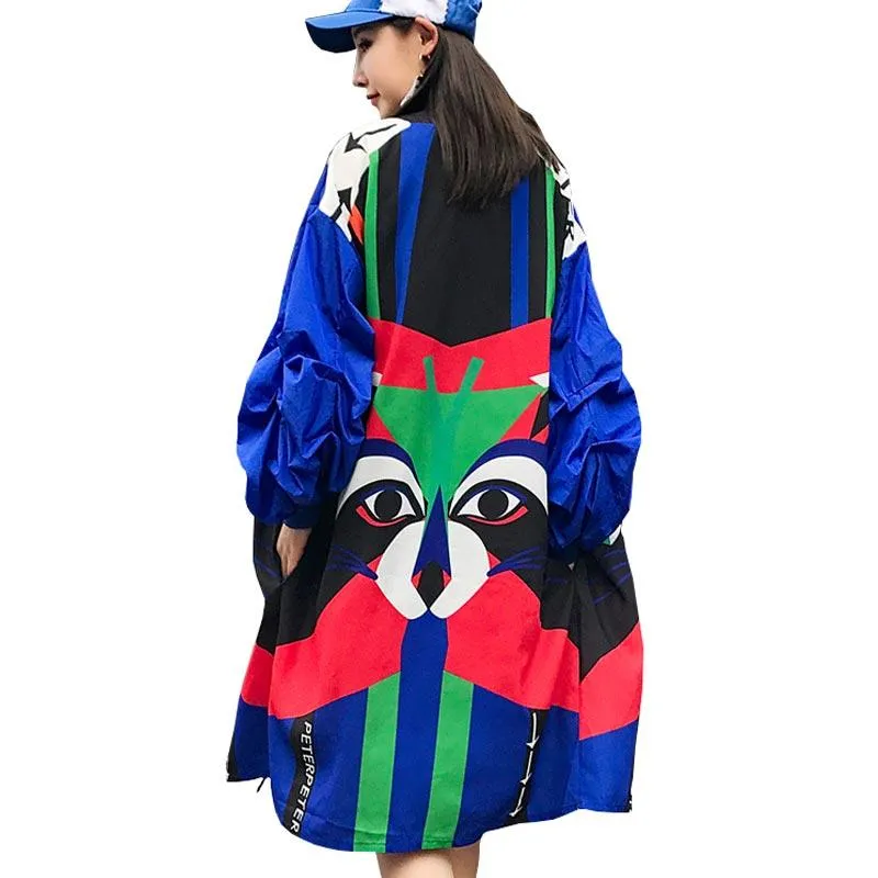 Kadın Trençkotları Kadın İlkbahar ve Sonbahar Uzun Ceket 2022 Renkli Hayvan Baskısı Gevşek Fener Kılıf Befree Street Giyim Ceketi Plus Boyut