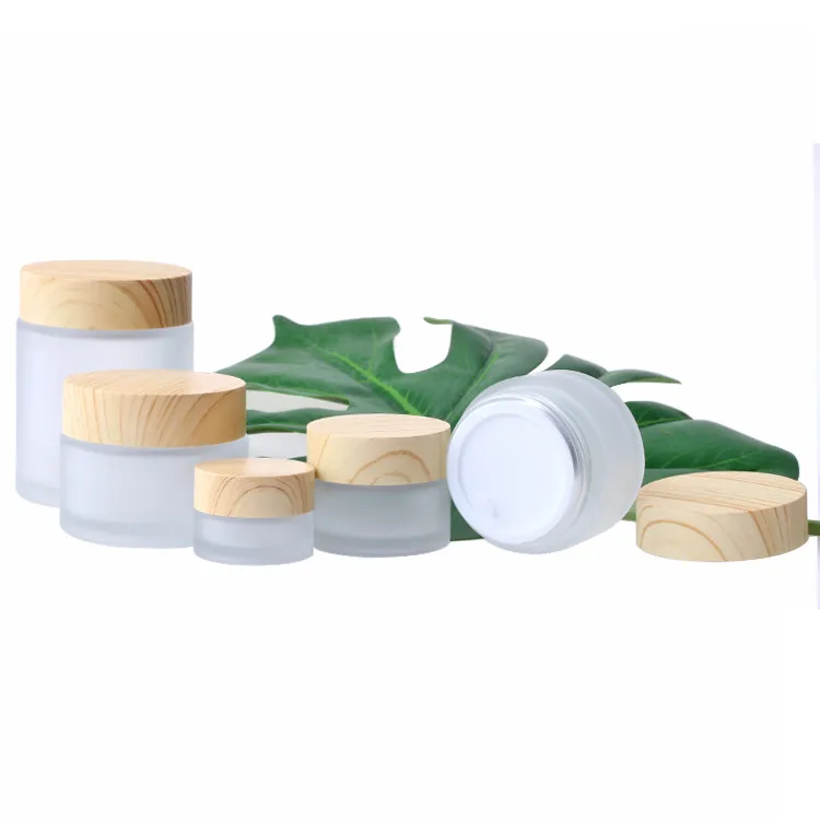 Frosted Glass Jar Cream Bottles Round Cosmetic Jars Hand Face Packing Bottle 5g 50g Jares With Wood Grain Cover