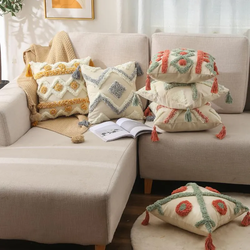 Cushion/Decorative Pillow 45x45cm Tufted Tassel Sofa Cushion Pillowcase Nordic Pastoral Embroidered Waist Cover Home Textile Living Room Dec